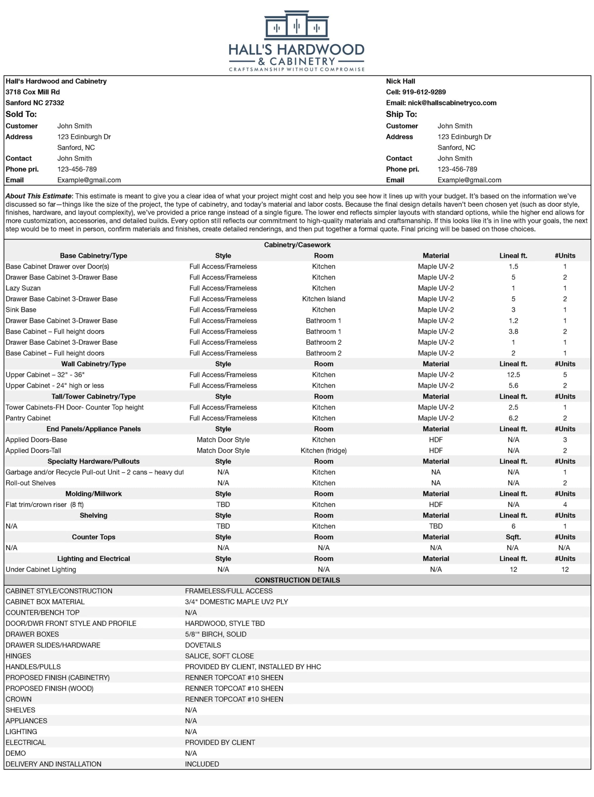 A sample Hall's Cabinetry and Millwork estimate, itemizing cabinetry, hardware, and construction details by room with a price range explained above the table.